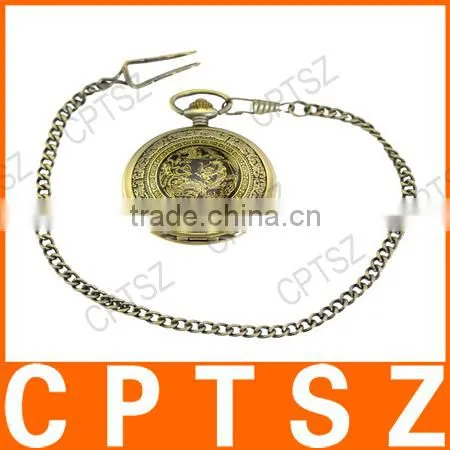 Classical Bronze Polish Men Quartz Pocket Watch with Pendant Chain