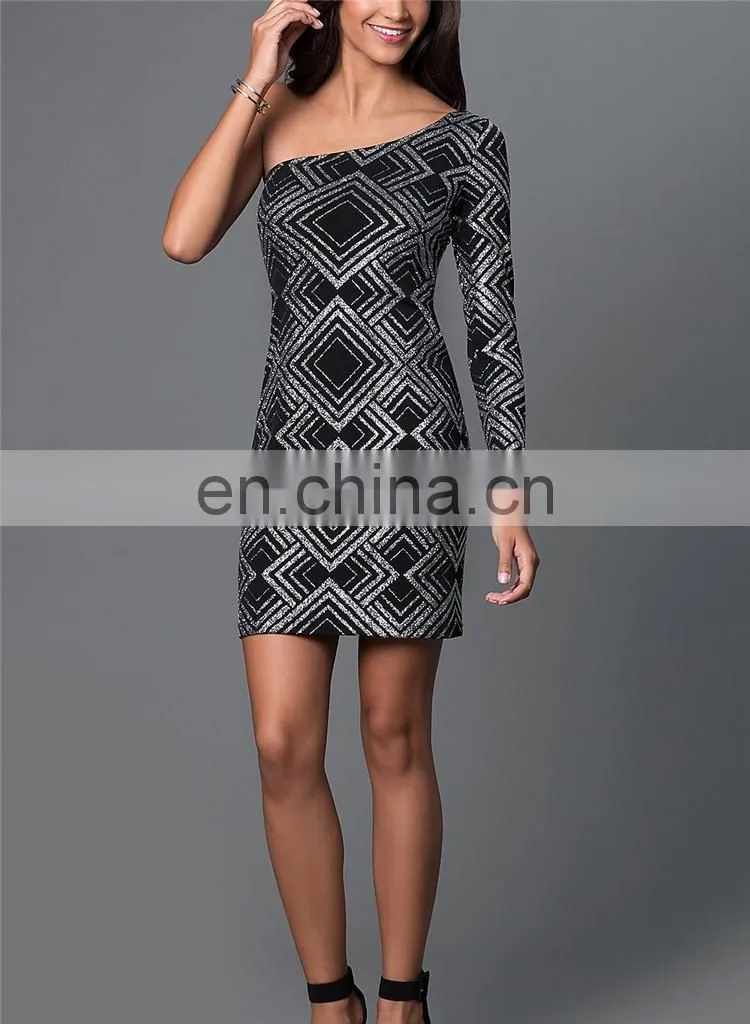 Wholesale One Sleeve Silver Glitter Print Dress Design Women Party Dresss