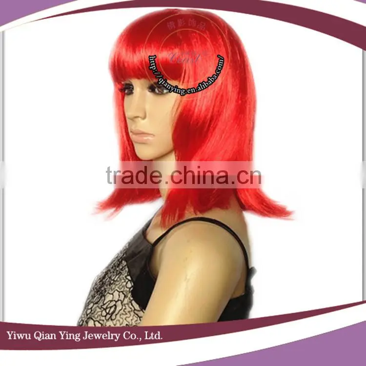 cheap long straight red synthetic party wigs with neat bang