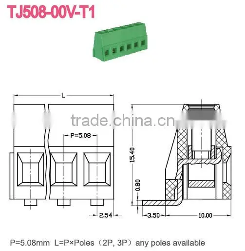 Pitch 5.08mm 300V 10A Slot screw bent pin PCB Terminal blocks