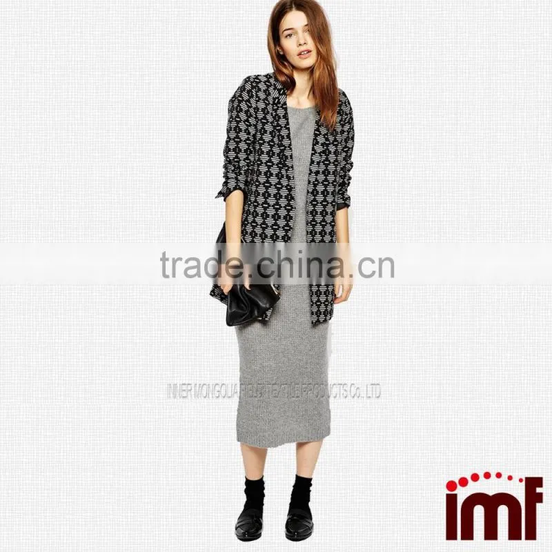 Stylish Round Neck Long Sleeve Cashmere Knitted Dress For Women