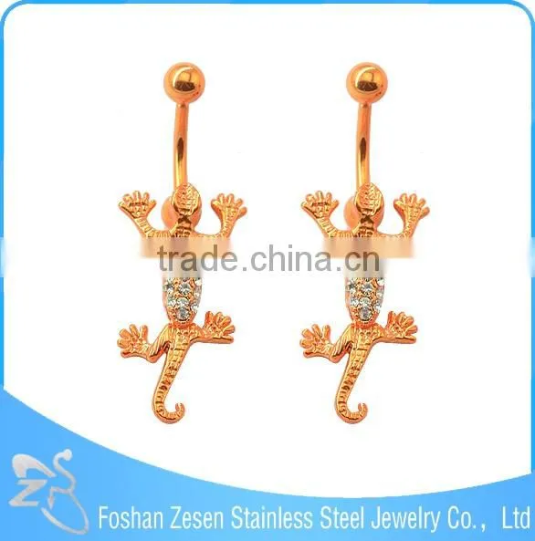 Dangling Rhinestone Gecko Belly Ring Navel Banana Gold Piercing