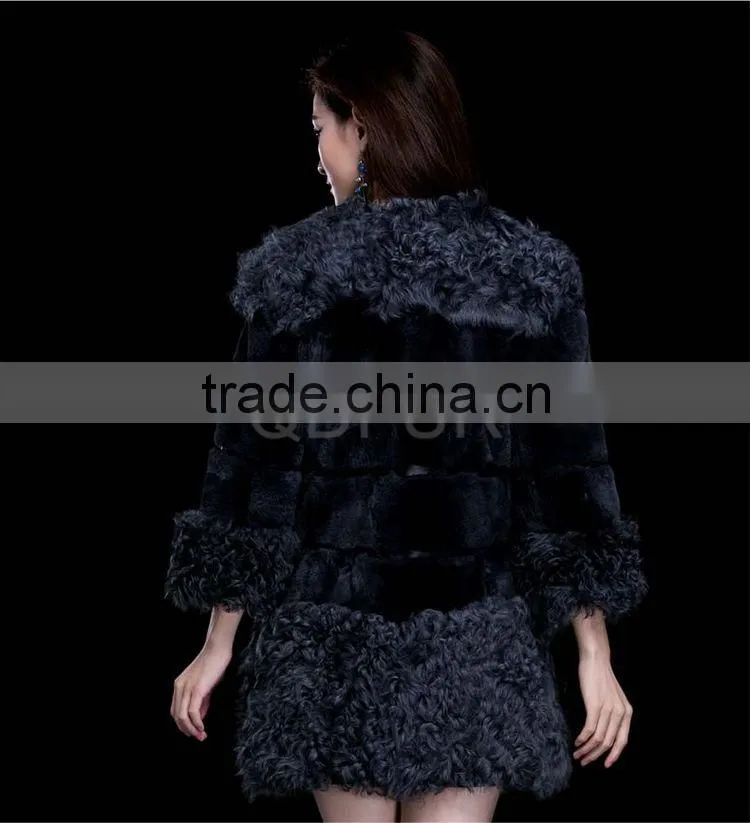 QD29641 New Design Rex Rabbit Fur Coats With Lamb Fur Trim