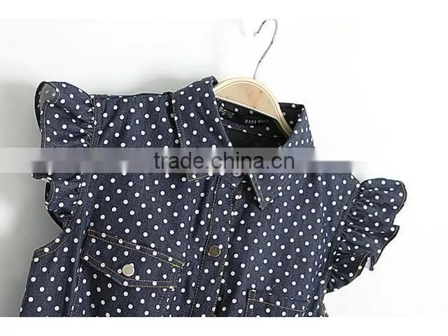 Lapel Ruffle Sleeve Polka Dot Denim Skirt Dress Cotton Wholesale Printed Apparel For Women