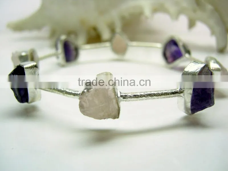 Rose Quartz & Tourmaline Multi Stone Rough Bracelet, 925 Solid Sterling Silver Bracelet, Designer Gemstone Raw Bracelet