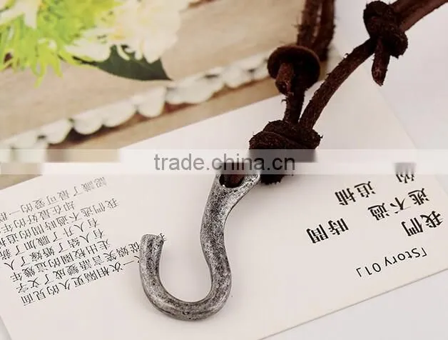 vintage real cow leather fish hook pendant bown genuine cowhide necklace for men