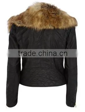 WINTER WOMAN BLACK FAUX FUR COLLAR PU BIKER JACKET