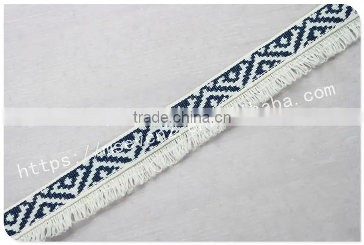 Newest design polyester 2 cm width ethnic woven webbing with fringe