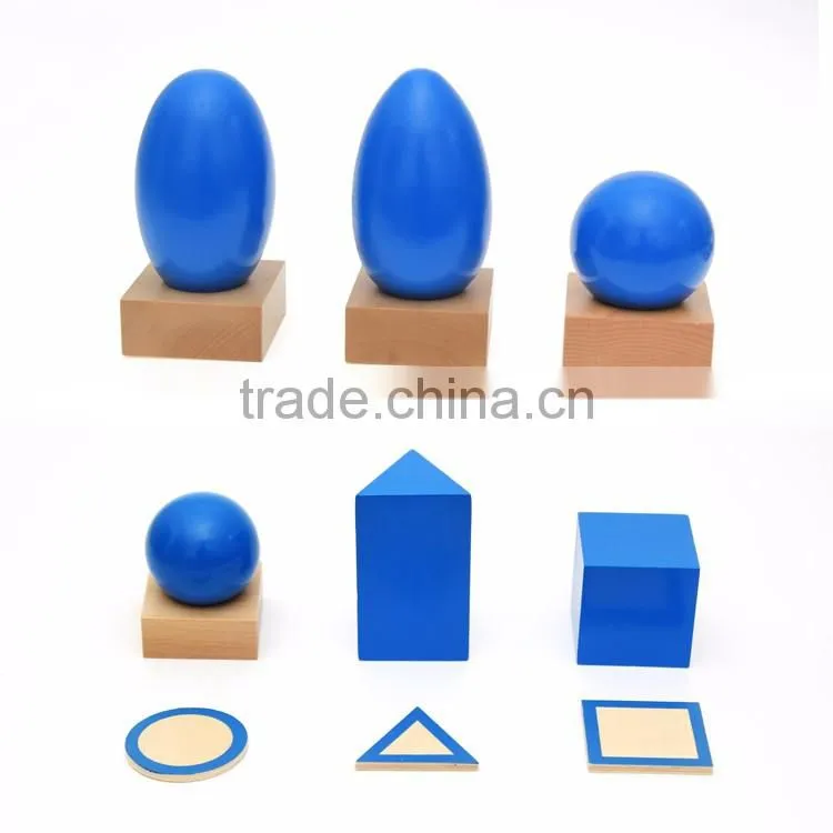 Wooden educational baby toy Montessori Geometric Solids with Stands Bases and Box