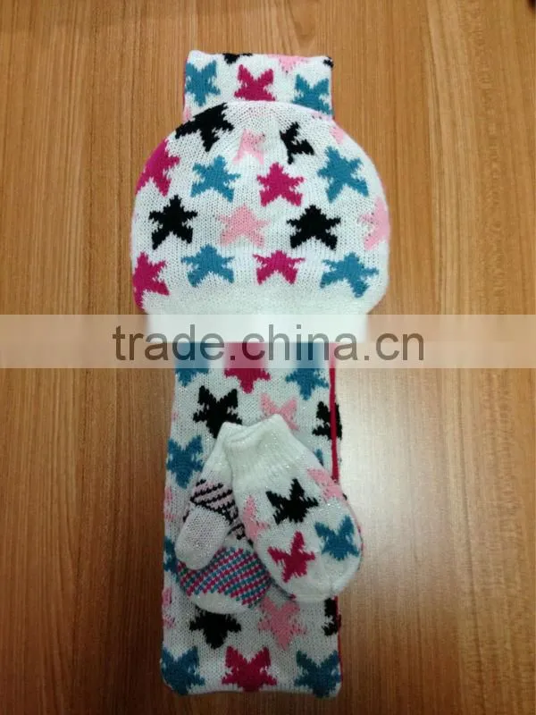 Various design Jacquard fashion winter knitted scarf hat glove sets