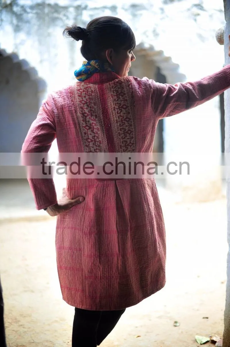 Vintage Kantha Long Accent Jacket in Beautiful Vintage Pink with a Saree Border Collar ~ Large