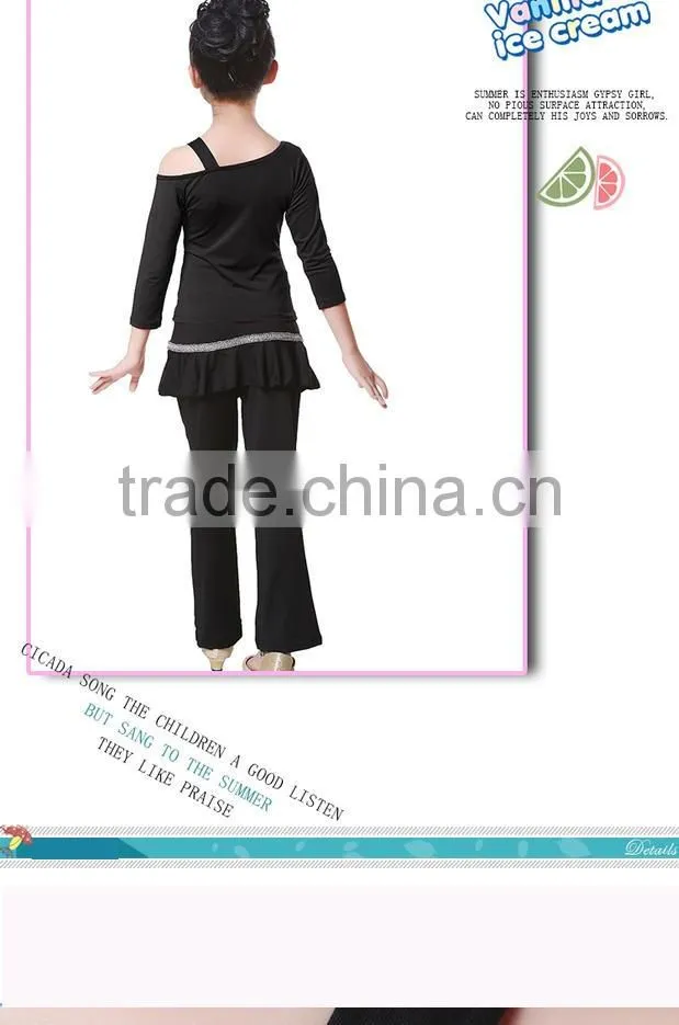 Children Kids Long Sleeve Gymnastics Shirt Pants Suit Girls Dew Shoulder Bowknot Unequal Latin Practice Dance Costumes