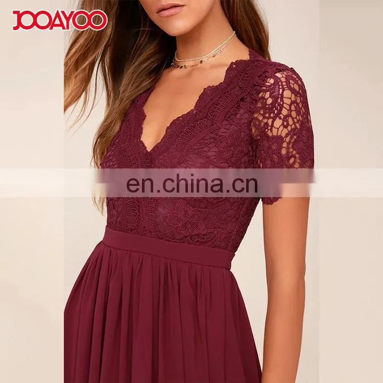2017 fashion women clothing midi dresses burgundy sexy ladies skater lac dress