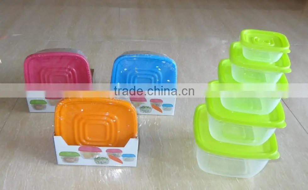 Popular 5 pcs set square plastic food storage container with color box