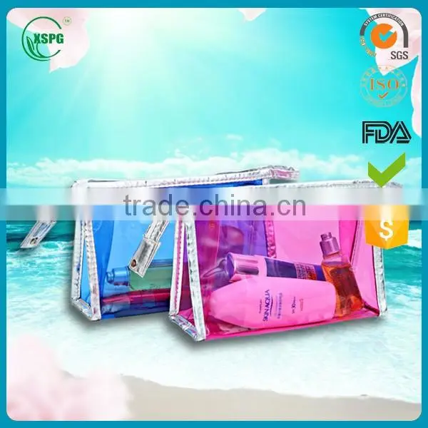 2016 High Quality beautiful PVC cosmetic bag stripped Transparent cosmetic traveling bag