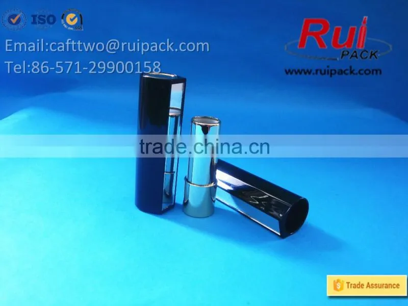 Black round lipstick tube with mirror, metal shiny gold lip balm tube with big cover