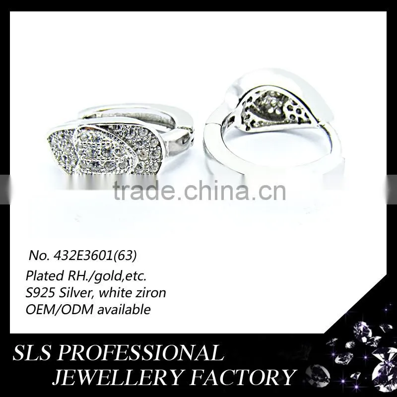 2015 Fashion American style heart shape 925 sterling silver white gold plated huggie earrings for women