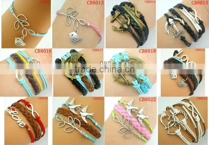 CB8172 pink wax rope anchor sliver leather bracelet wedding decoration