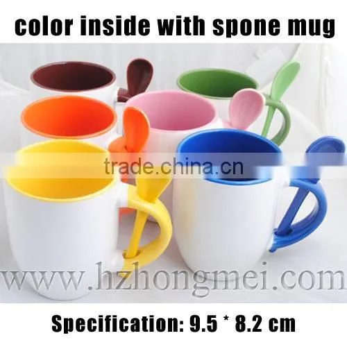 DIY 2015 New Hot Selling Plain Ceramic Color beside Mug with Spoon