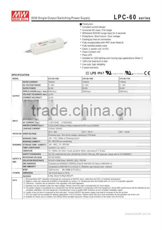 Mean Well LPC-60 Series 60W Single Output Switching Power Supply