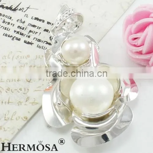 Flower Round Pure White Two Pieces Pearl 925 Sterling Silver Lady Sweet Wedding Gift Pendant