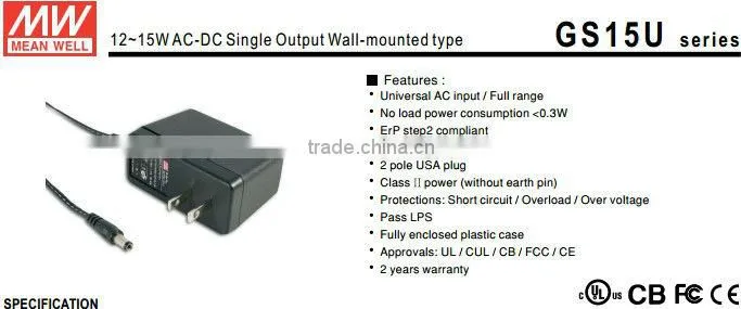 Meanwell 15v 1a adaptor/12~15W AC-DC Single Output Wall-mounted type
