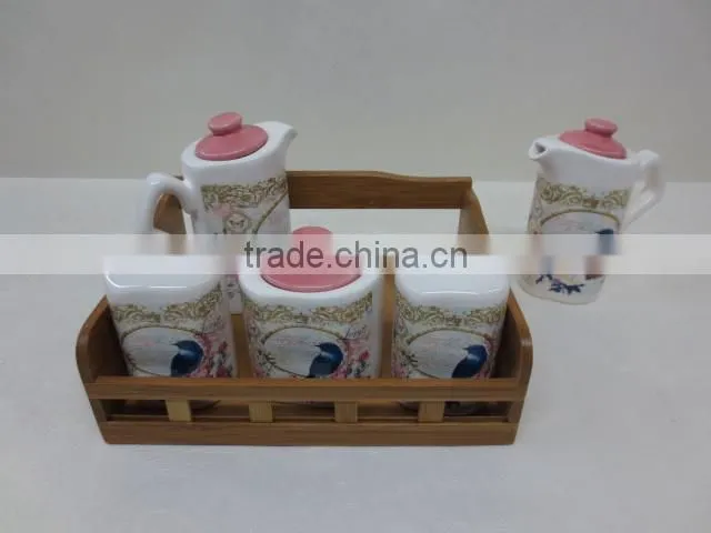 Embossed Ceramic Salt & Pepper Shakers + Oil & Vinegar Bottle + Sugar Jar Set with Wooden Stand