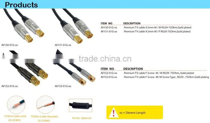 F Screw/F Screw B Pin Type TV Cable,RG6,75ohm,Gold Plated