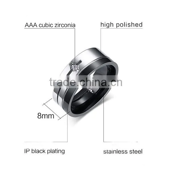 Men Personality Black 8MM Stainless Steel Zircon Ring