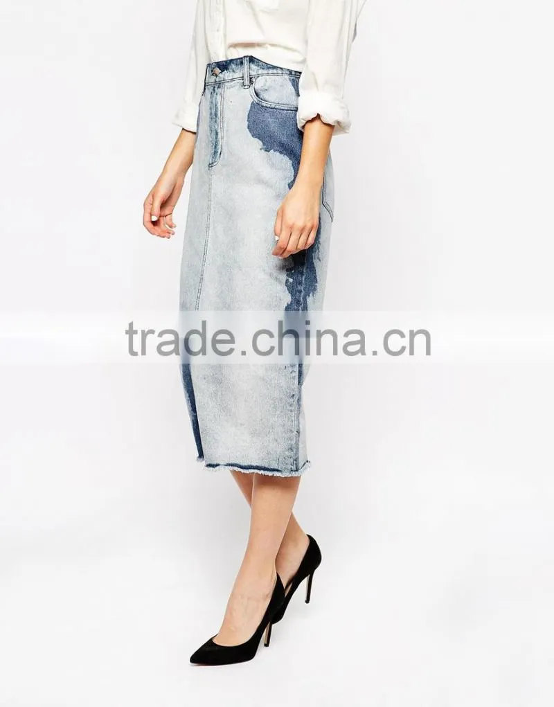 women long denim skirt midi length white denim Skirt