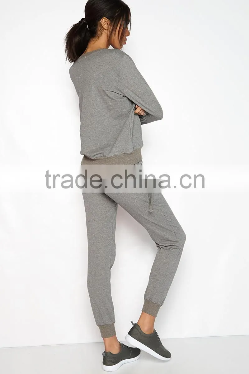 Urban Fashion Tracksuit Female Cheap Custom Grey Plain Latest Design Blank Fitted Sports Womens Tracksuits With Cross Details
