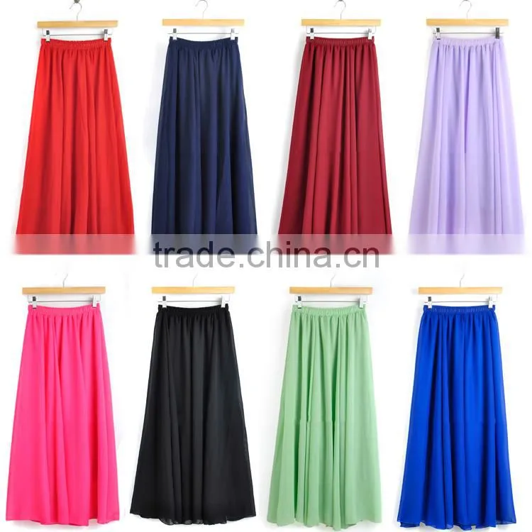 Latest fashion new women sexy plain color high waist chiffon maxi skirt