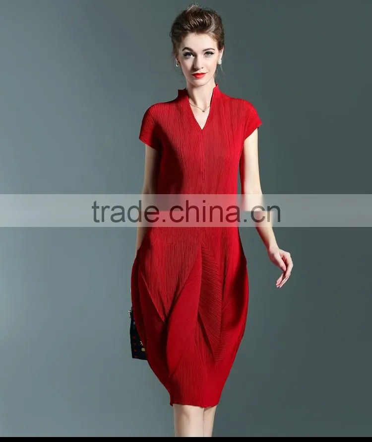 Solid colors women draped V neck lantern dresses with short sleeve