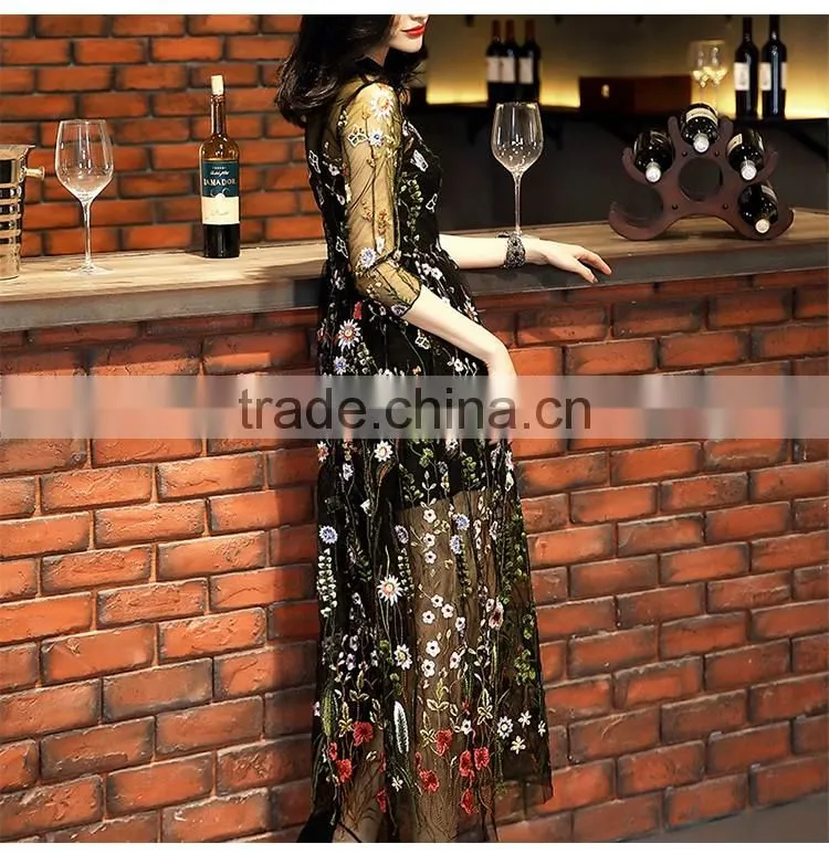 Maxnegio maxi dress woman long sleeve embroidery guinea brocade women casual dress