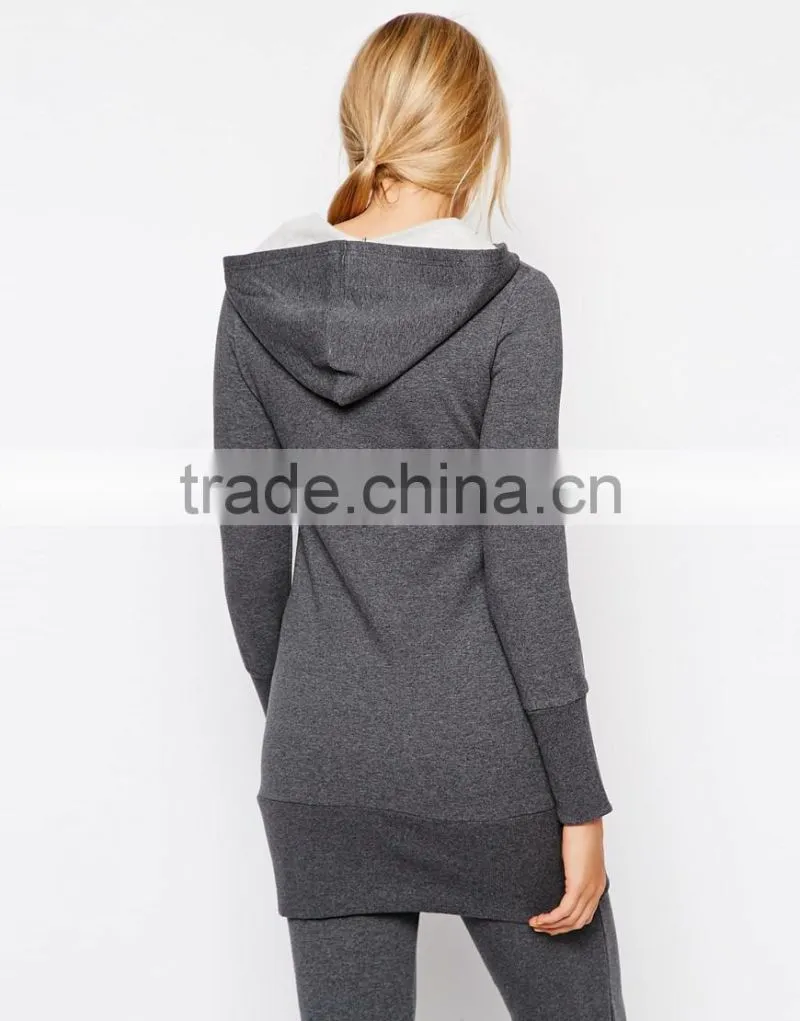 Relaxed fit longline cut hooded sweatshirt for all stages of pregnancy
