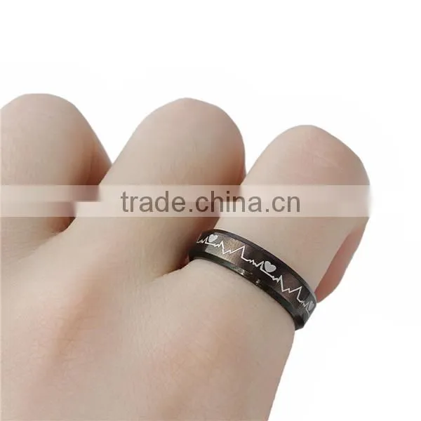 Titanium Steel Unadjustable Rings Black Heartbeat/ Electrocardiogram