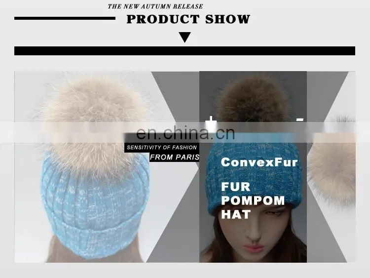 New product colorful knit hats wholesale fancy raccoon fur ball women floppy hat
