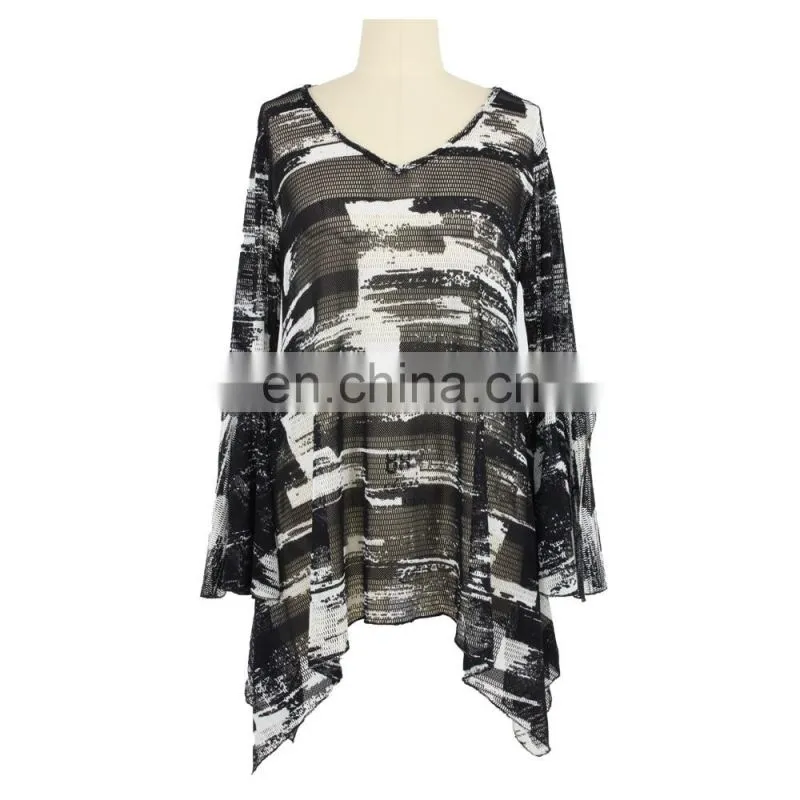 Latest diamond blue Flared sleeve V neck Floral Print Peplum Hem blouse