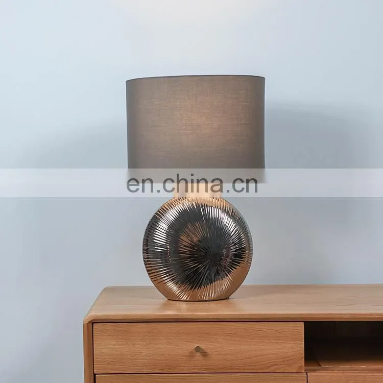 Bulk wholesale indoor lighting ceramic base bedroom desk grey porcelain lamps with cloth lampshade