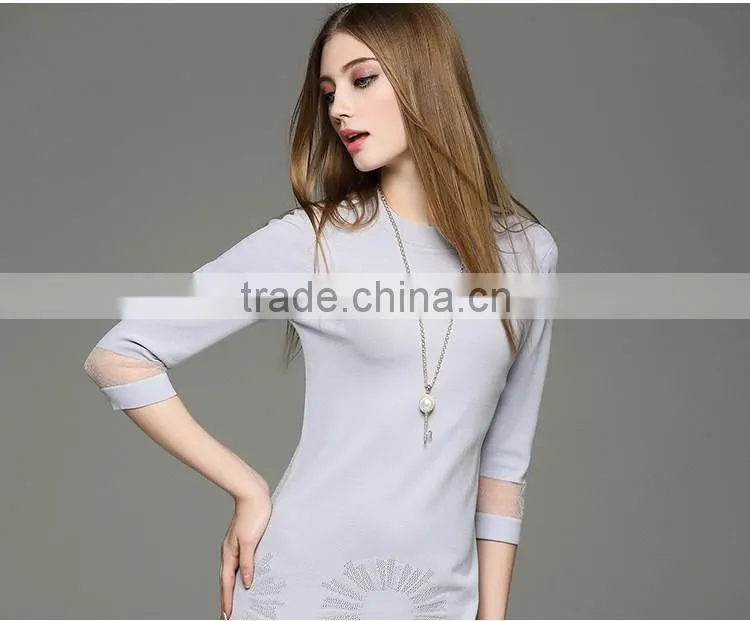2017 hot new lady hollow knit dress half sleeve slim hip long lace dress with lace hem