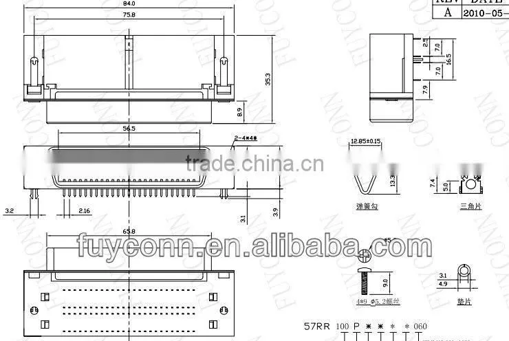 Centronics Champ 90 Degree PCB Mounting Amphenol Female 100 Pin Centronix Connector 2.16mm Pitch