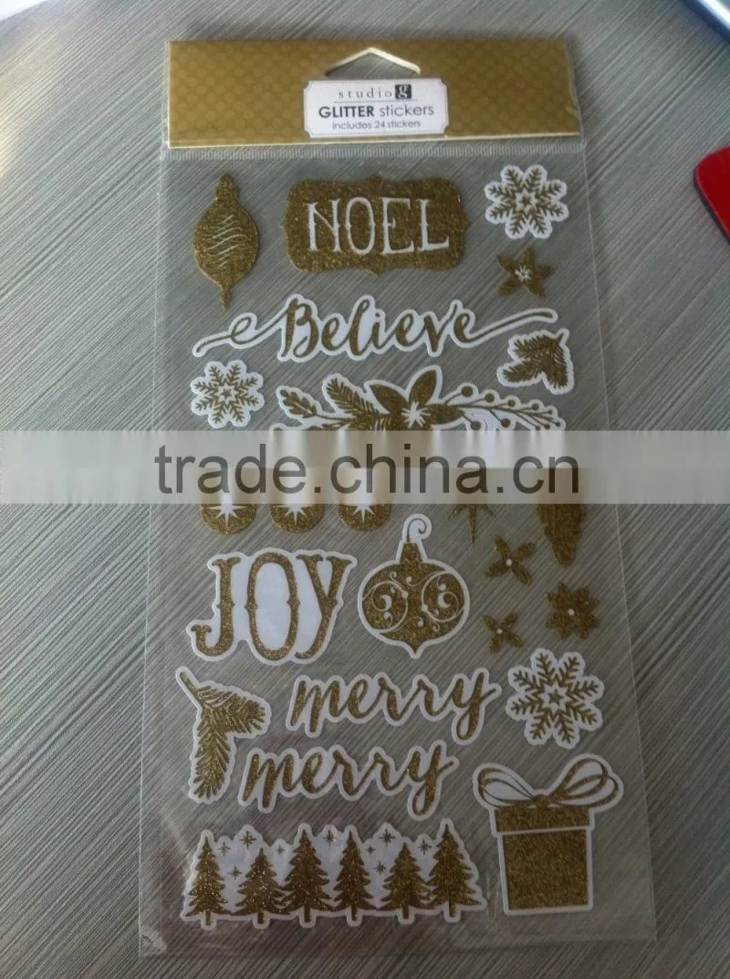 M-P007 Merry Christmas glitter pvc sticker, 5d home decor pvc wall sticker,custom pvc sticker paper