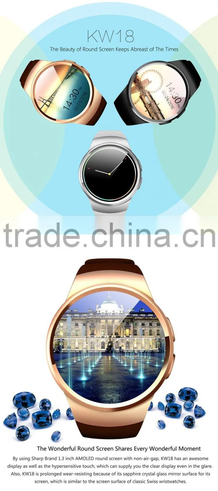 EXCELVAN Smart Watch KW18 SIM Watch MTK2502C Pedometer Heart Rate Monitor Touch Screen Smartwatch for iOS Android Smartphone