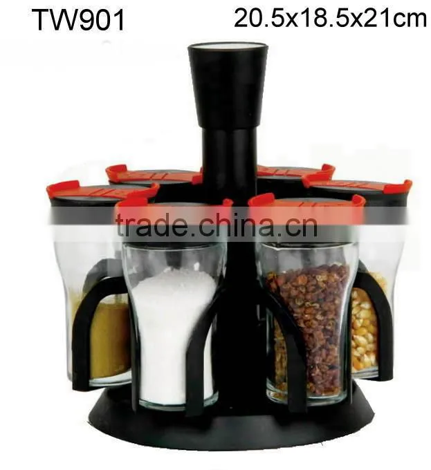 TW901T3 6pcs glass spice jar set with stainless steel casing and plastic stand