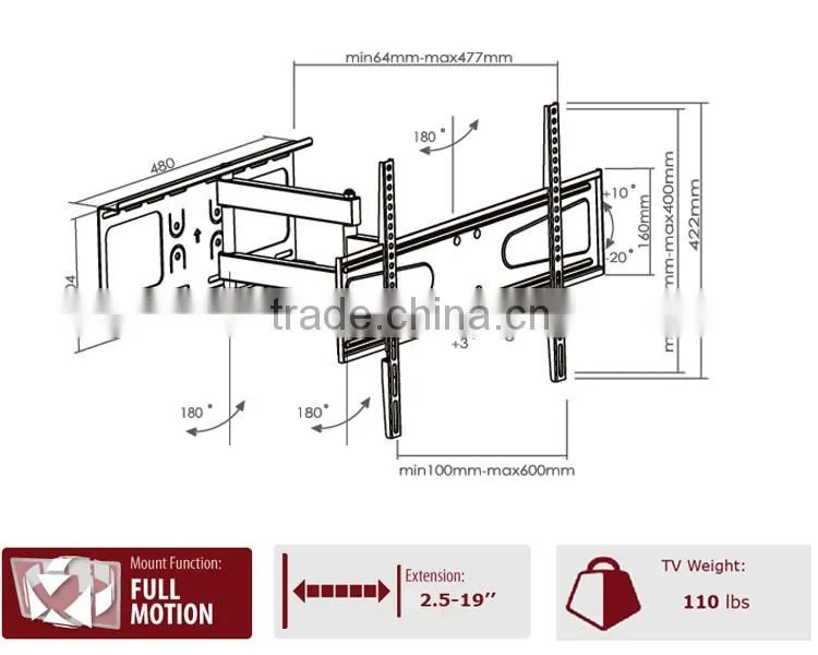 Articulating LCD TV wall mount for 37~70 inch Screen full motion