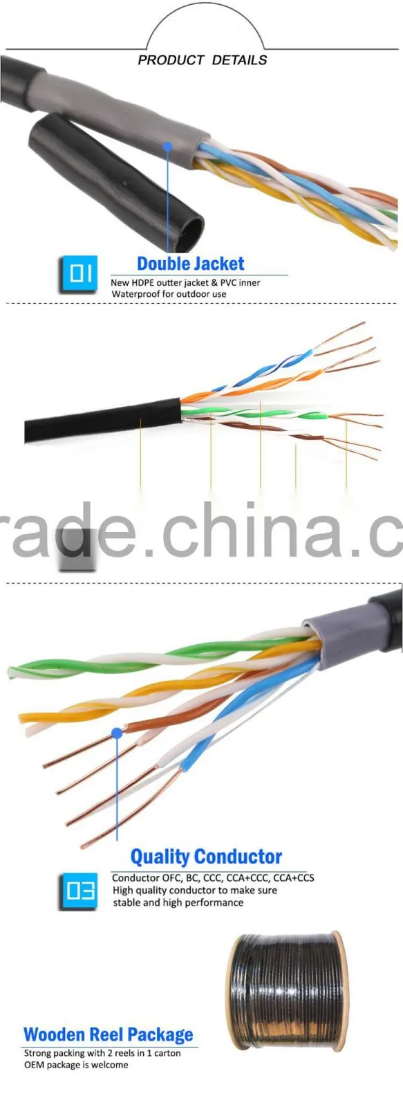 305M Outdoor Waterproof FTP/UTP Cat6 23AWG 4pairs Networking Cable