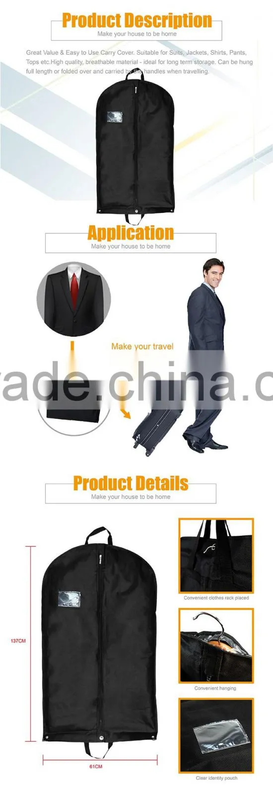 PEVA Large Capactiy Suit Cover Foldable Protective Zip Lock Travel Bag Garment Bag