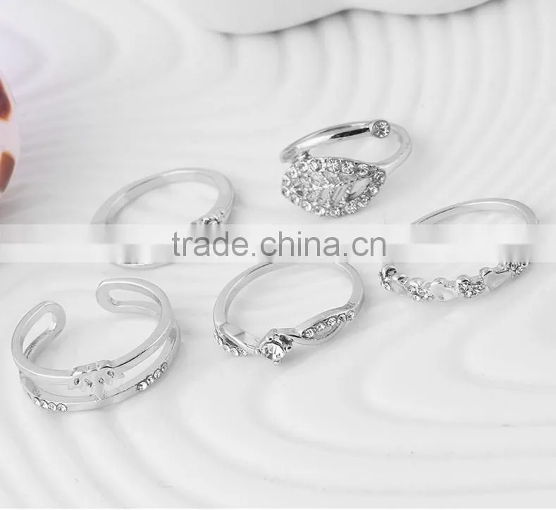 Crystal gold/silver plated dubai rings jewelry 5pc ring knuckle set