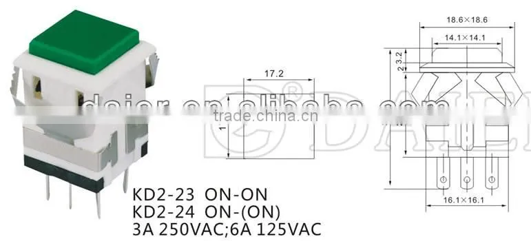 KD2-23 ON-ON Green square push button switch