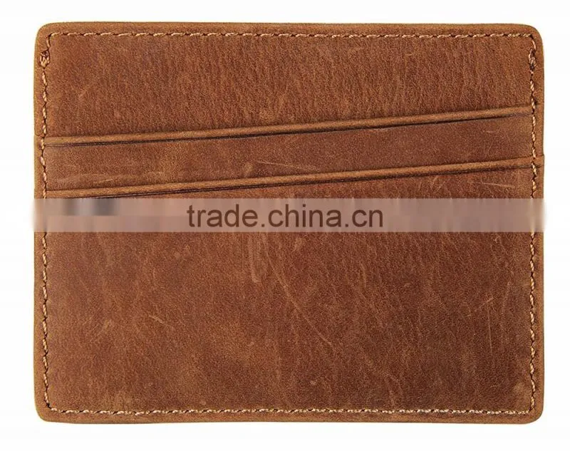 Handmade men's RFID blocking crazy horse leather slim front pocket wallet card holder